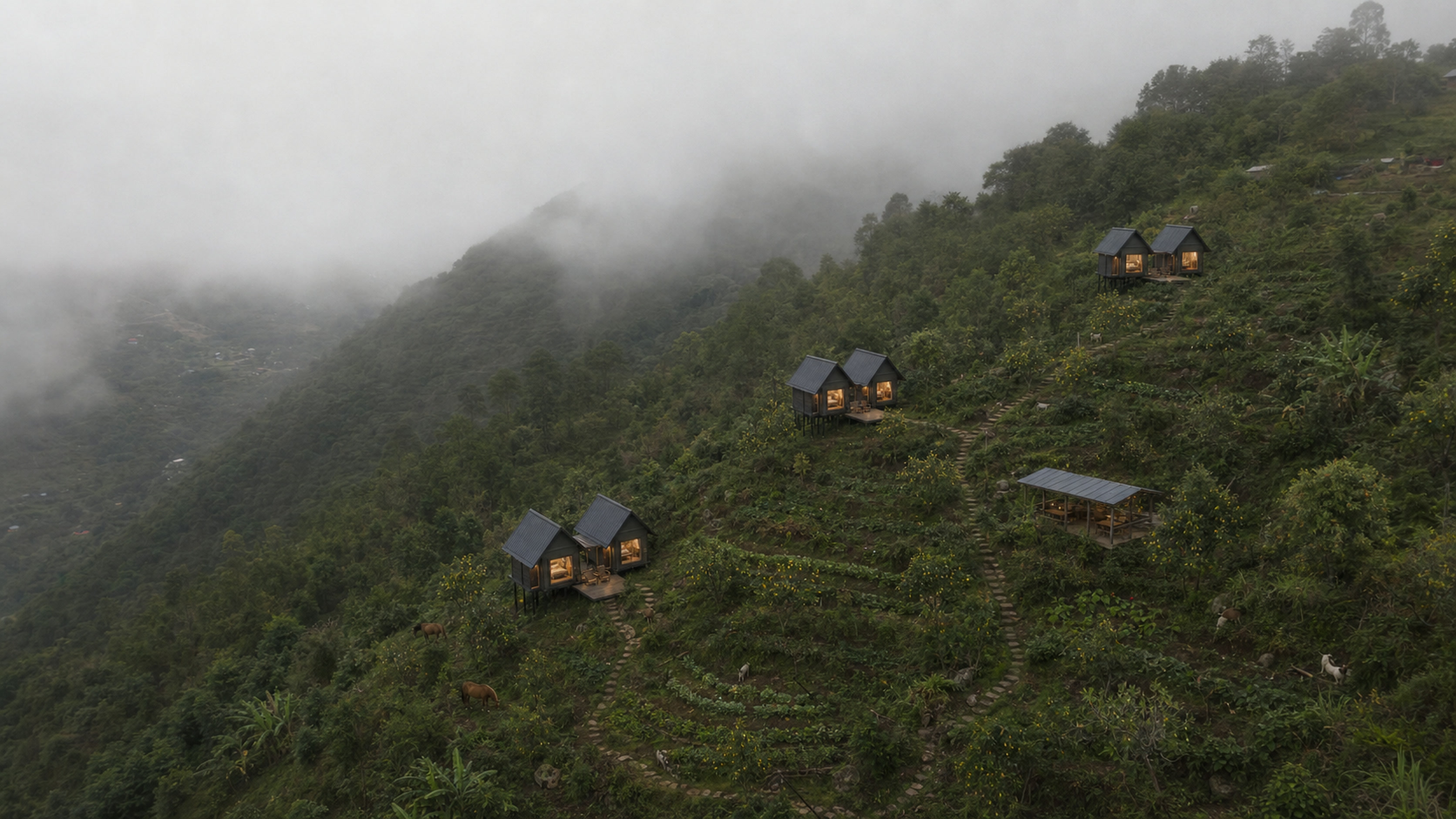 Conceptual aerial view of the terraced low-density farm retreat following the steep mountain slope