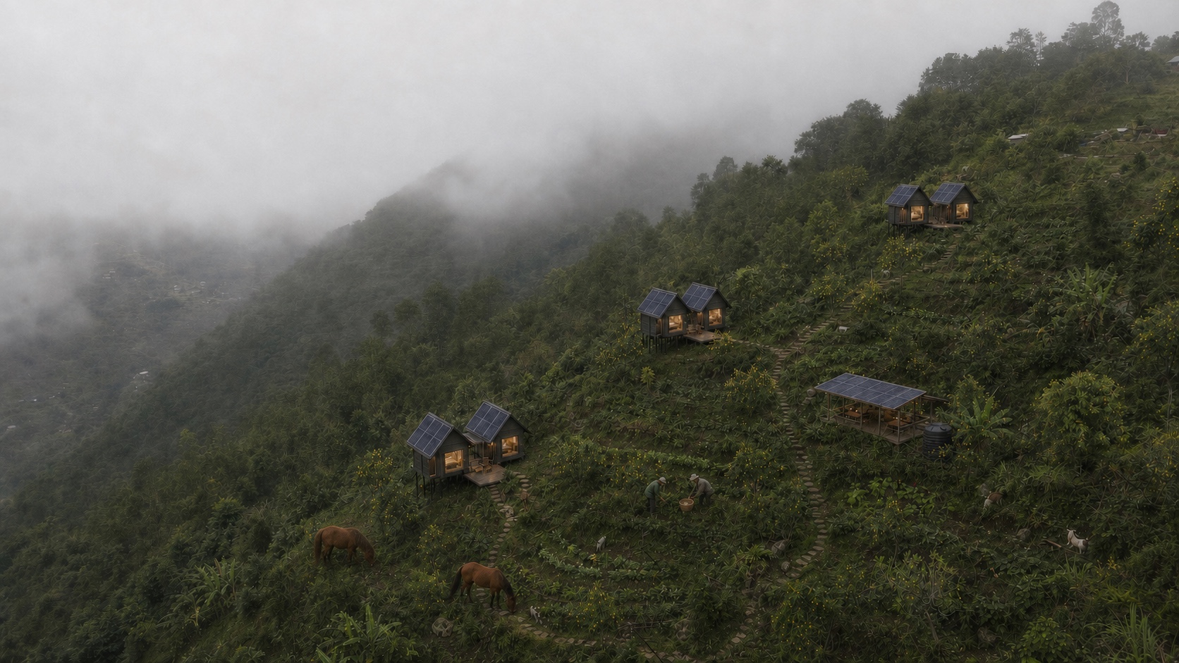 Conceptual aerial view of a sustainable terraced farm retreat with solar power, rainwater collection, a horse, a pony and local farmers
