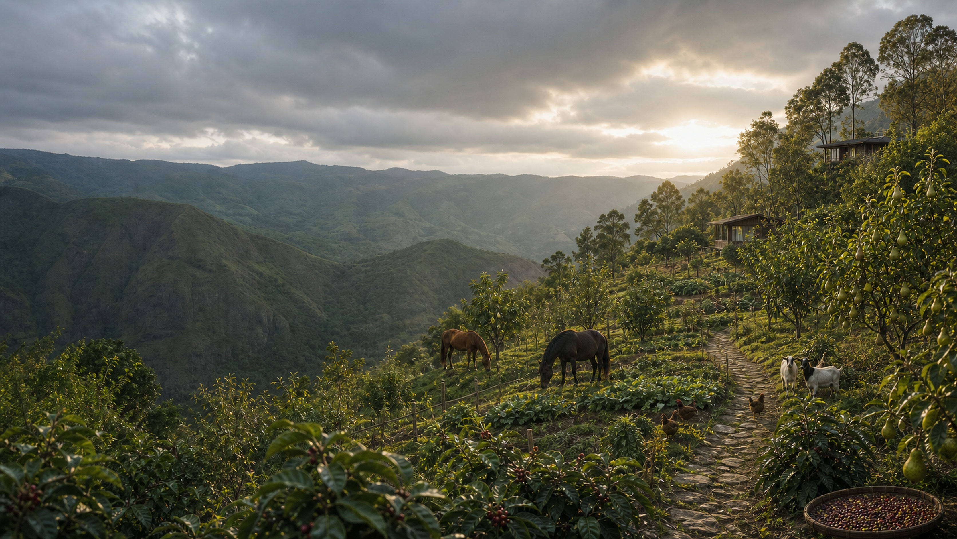 Conceptual high-altitude orchard and farm experience using the actual valley view