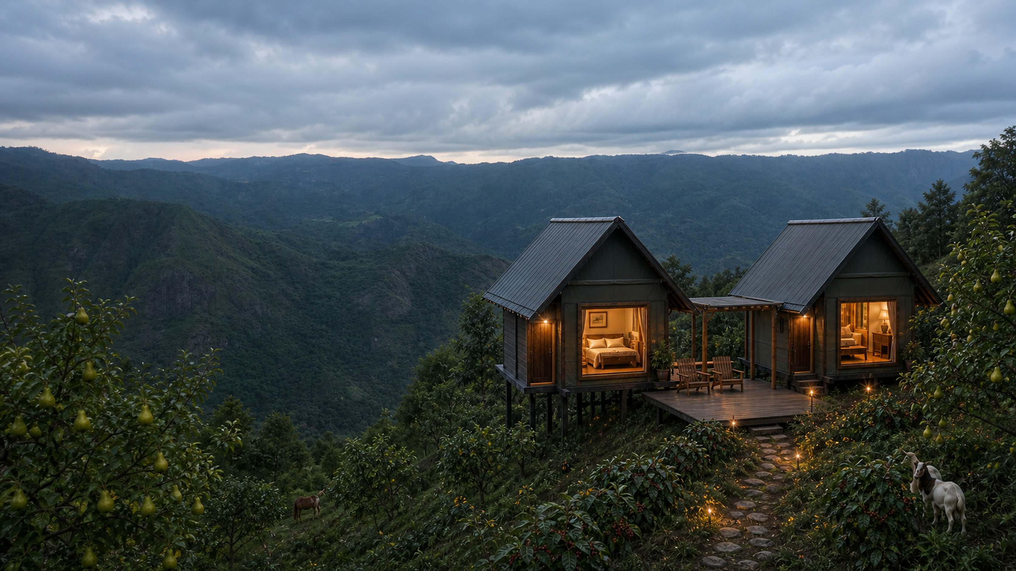 Conceptual paired guest structures overlooking the actual project valley